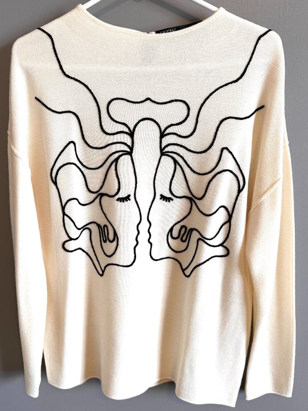 Ness Abstract Faces Line Art Wool Blend Cream Knit Sweater Large NWOT  LG